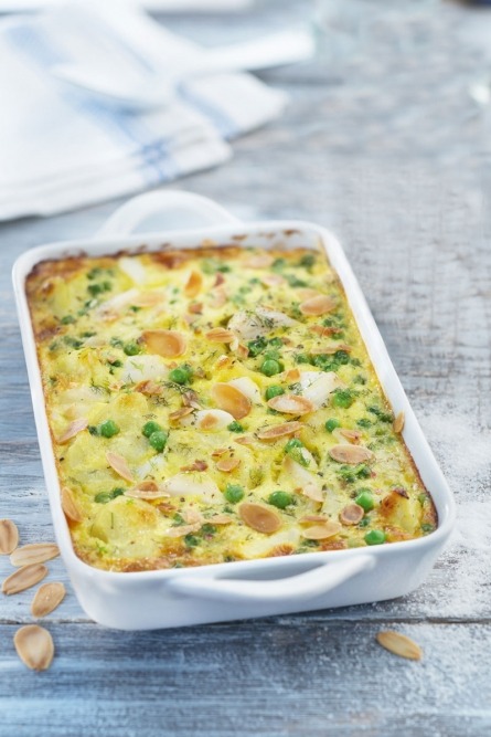 Clafoutis de poisson aux pommes de terre et petits pois