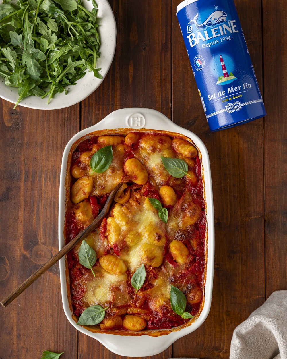 Gratin de gnocchis aux tomates, poivrons rôtis et chorizo